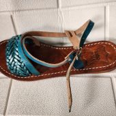 Handmade Moroccan Women’s Sandals – Turquoise Braided Leather Summer Shoes – Genuine Tan Flat Sandals, Real Leather Slides, Gift For Her