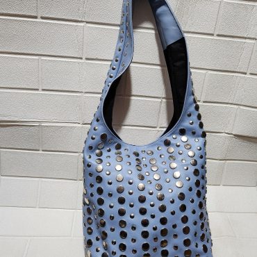 Moroccan Leather Tote – Soft Blue Studded Shoulder Bag | Handmade Boho Artisan Purse | Light Blue Shopper – Large & Small Sizes
